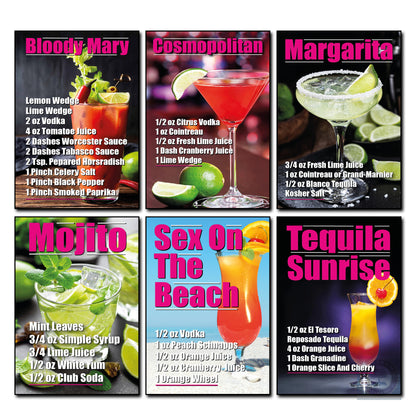 A 2x3 grid of six cocktail recipe cards with colorful titles and drink recipes: Blood-Bravy-Mary, Cosmopolitan, Margarita, Mojito, Sex On The Beach, and Tequila Sunrise.