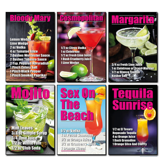 A 2x3 grid of six cocktail recipe cards with colorful titles and drink recipes: Blood-Bravy-Mary, Cosmopolitan, Margarita, Mojito, Sex On The Beach, and Tequila Sunrise.