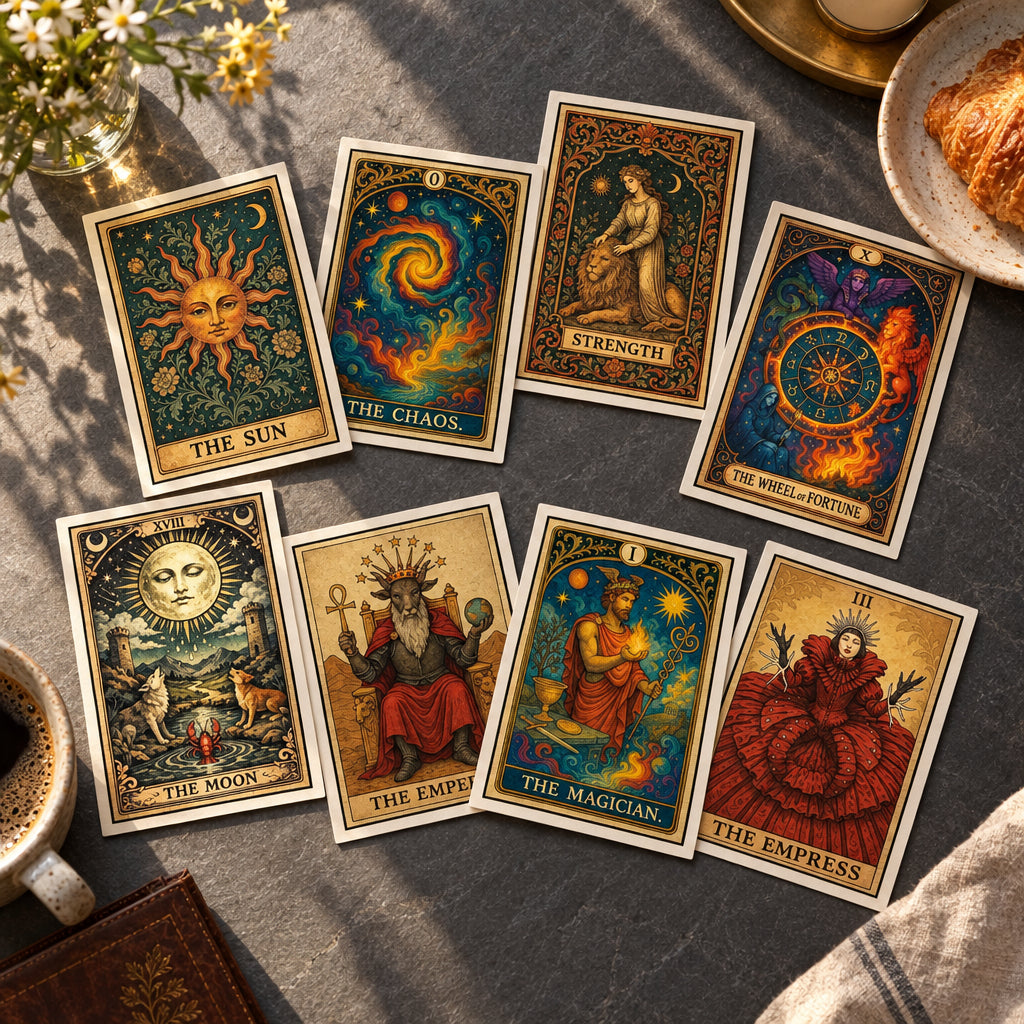 Eight tarot-style cards arranged in two rows on a black background. The cards feature richly detailed fantasy illustrations with gold borders and labels reading The Sun, The Chaos, Strength, The Wheel of Fortune, The Moon, The Emperor, The Magician, and The Empress.