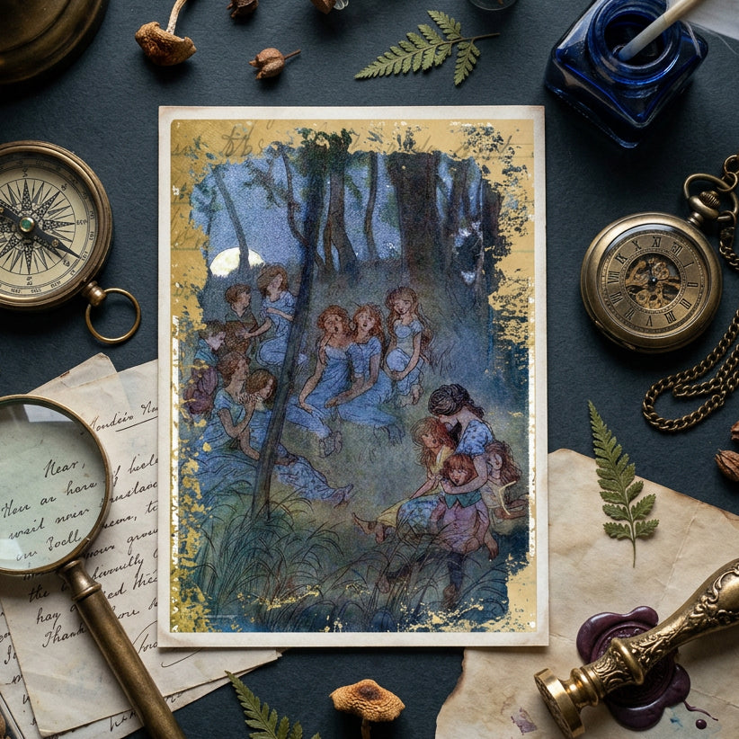 Vintage-style illustration of a group of children gathered in a moonlit forest clearing, rendered in muted blue, green, and brown tones with distressed gold borders.