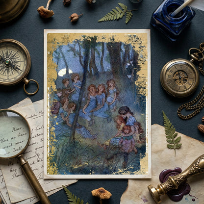 Vintage-style illustration of a group of children gathered in a moonlit forest clearing, rendered in muted blue, green, and brown tones with distressed gold borders.