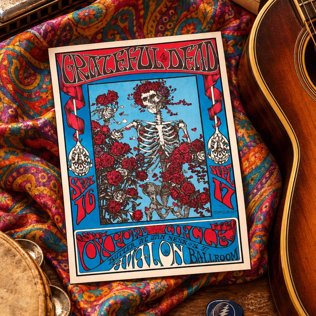 Grateful Dead concert poster from Nov 17, 1969, featuring a central skeleton surrounded by red roses on a light blue background, framed by a red and blue border with venue text at the bottom.