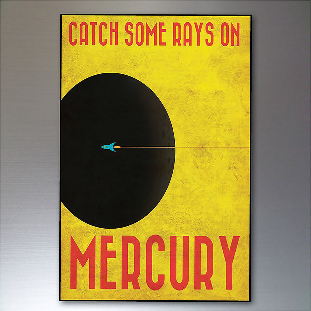 A retro-style poster print featuring a yellow background with a large black circle, red text reading 'CATCH SOME RAYS ON' at the top and 'MERCURY' at the bottom, and a small blue arrow pointing right through the center.