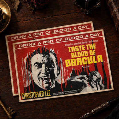 A rectangular movie poster for 'Taste the Blood of Dracula' featuring a bold red background, black-and-white illustrated faces, and large yellow title text. The poster includes the text 'Drink a Pint of Blood a Day' at the top and 'Christopher Lee' at the bottom left.