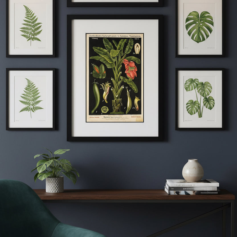 A framed botanical art print of a banana plant with German text, featuring green leaves, a red-orange flower, and detailed fruit illustrations on a black background, enclosed in a white mat and a black frame.