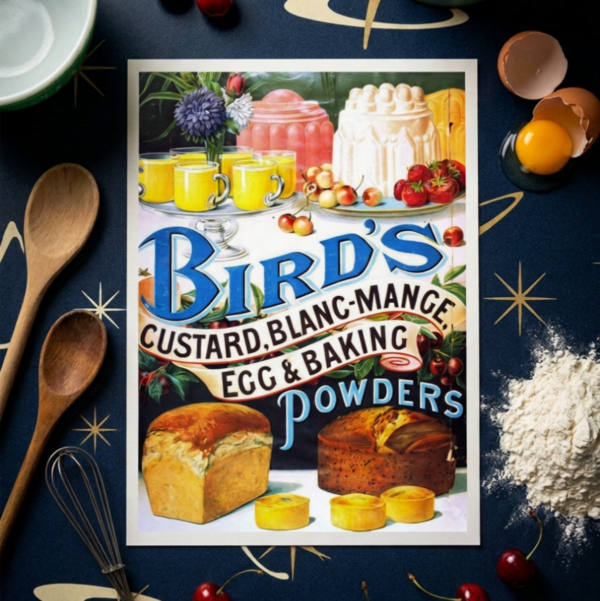 Vintage advertising poster for Bird's Custard, Blanc-Mange, Egg & Baking Powders, featuring illustrated cakes, pastries, mugs of yellow drink, cherries, strawberries, and large blue title text.