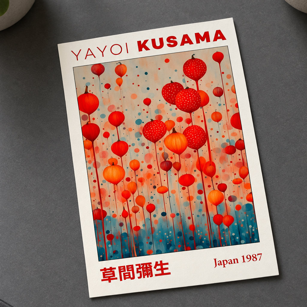 Yayoi Kusama poster print featuring an abstract painting of red and orange hanging lanterns on a beige background with her name at the top and Japanese text at the bottom.