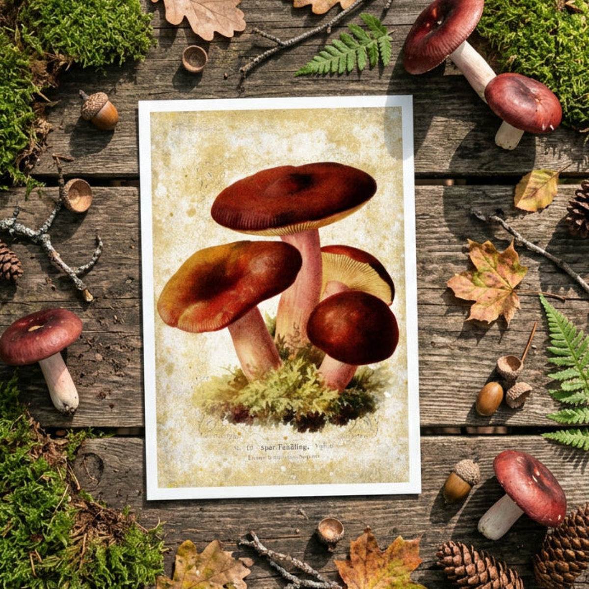 A square art print featuring a vintage-style illustration of four reddish-brown mushrooms on a weathered wooden surface surrounded by moss, leaves, acorns, and pinecones.