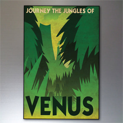 A retro-style travel poster featuring a stylized green jungle scene with the text 'JOURNEY THE JUNGLES OF VENUS' in cream and black lettering, shown against a neutral gray background.