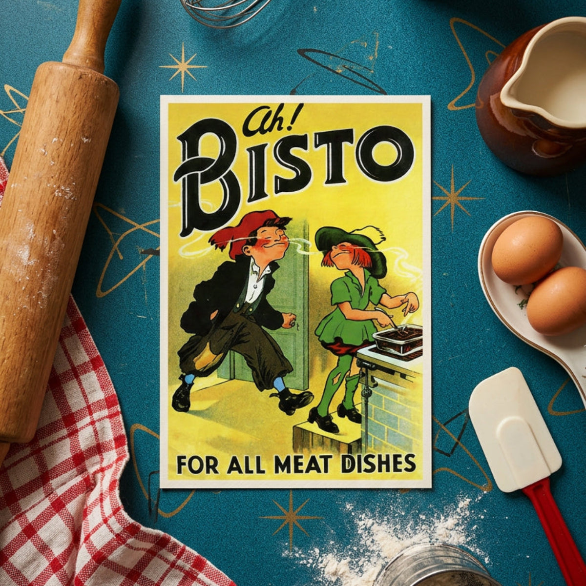 Vintage Bisto advertising poster with a yellow background, large black 'Ah! Bisto' text, and an illustrated scene showing a man smoking and a woman cooking over a meat stove, with the slogan 'FOR ALL MEAT DISHES' at the bottom.