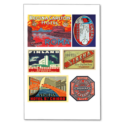 Vintage hotel luggage label stickers for suitcases and trunks by Bubbadoodoo, featuring retro-inspired designs for vintage travel decor.