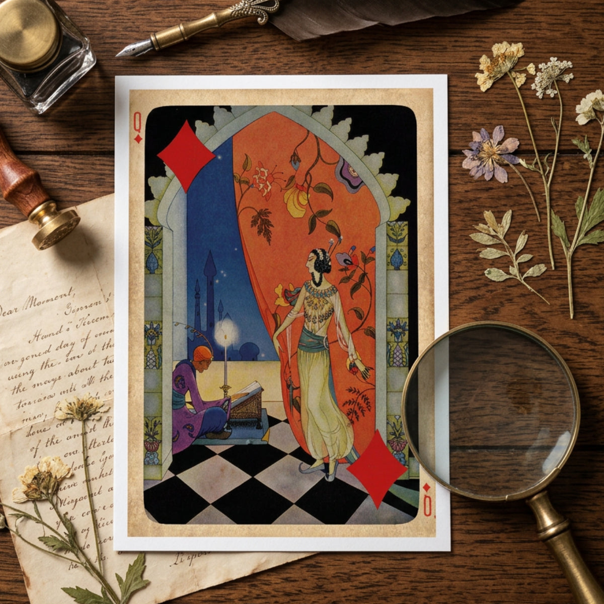 A playing card featuring an ornate illustrated scene with a standing woman in a cream dress, a seated figure at a table, a red-orange archway, and a black-and-white checkered floor, shown against a gray gradient background.