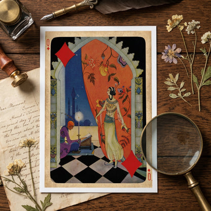 A playing card featuring an ornate illustrated scene with a standing woman in a cream dress, a seated figure at a table, a red-orange archway, and a black-and-white checkered floor, shown against a gray gradient background.
