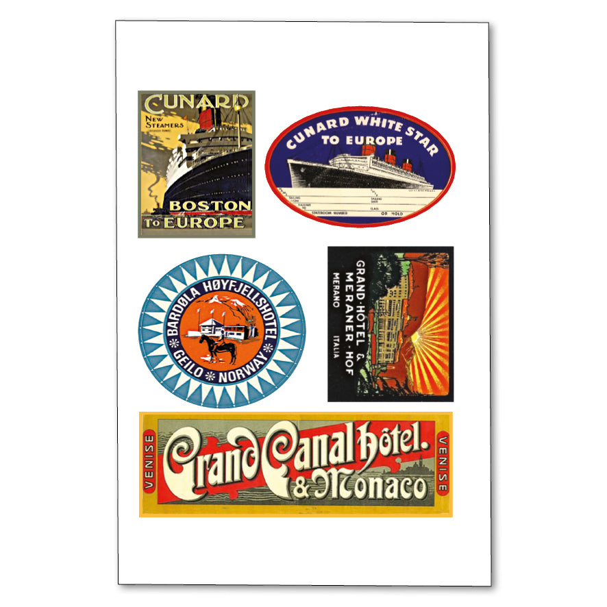 Vintage luggage label stickers by Bubbadoodoo, featuring retro hotel designs for suitcases and vintage trunks.