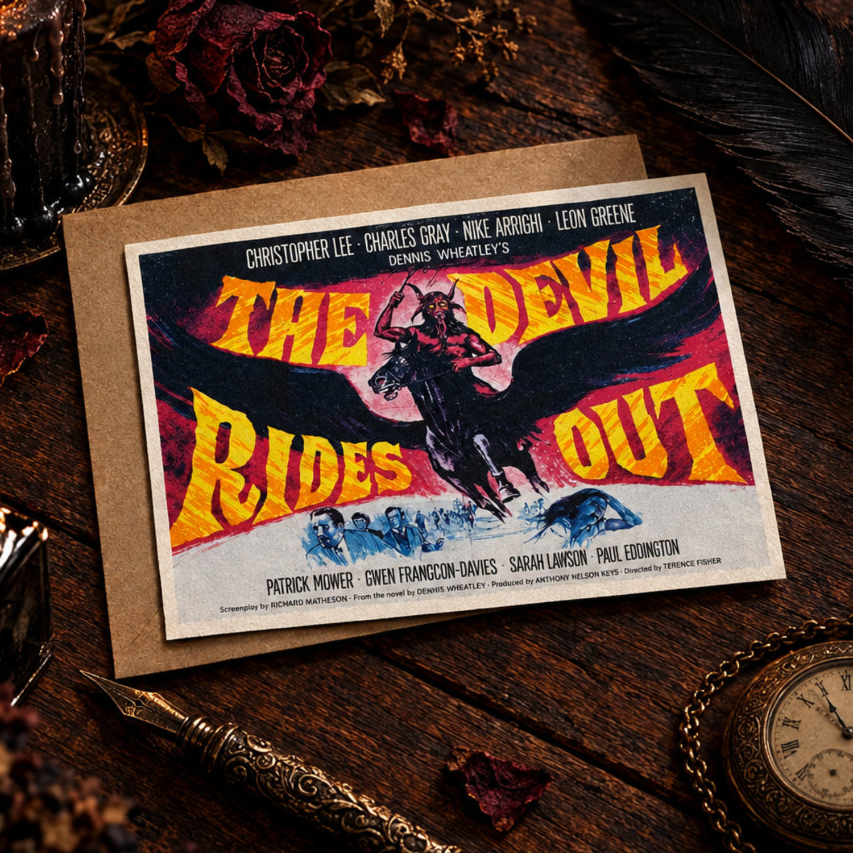 A vintage movie poster for 'The Devil Rides Out' featuring bold yellow title text over a dramatic illustration of a rider on a winged horse against a dark purple and pink sky.