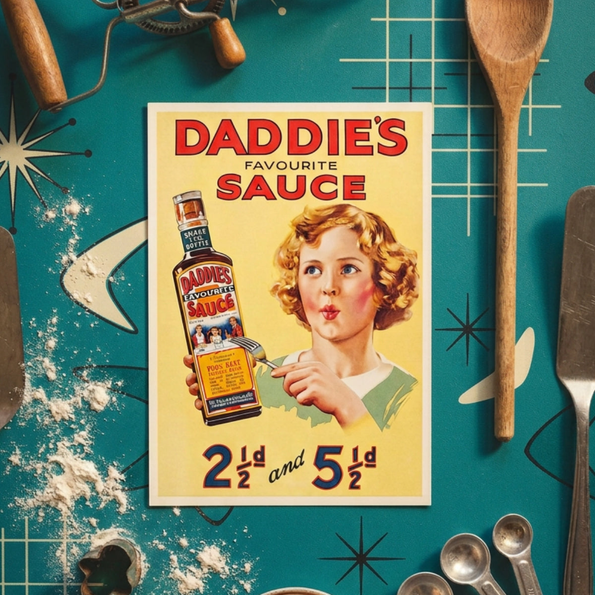 Vintage-style illustrated advertisement for Daddie's Favourite Sauce, showing a bottle of sauce held by a woman with pink cheeks and blonde curls on a pale yellow background.