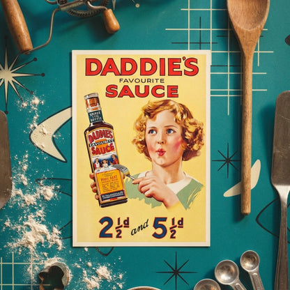 Vintage-style illustrated advertisement for Daddie's Favourite Sauce, showing a bottle of sauce held by a woman with pink cheeks and blonde curls on a pale yellow background.