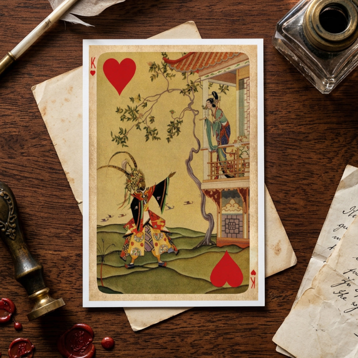 A vintage-style playing card featuring an illustrated scene with two figures, a large red heart in the top left corner, and a red heart with a small diamond in the bottom right corner, shown against a neutral gray gradient background.