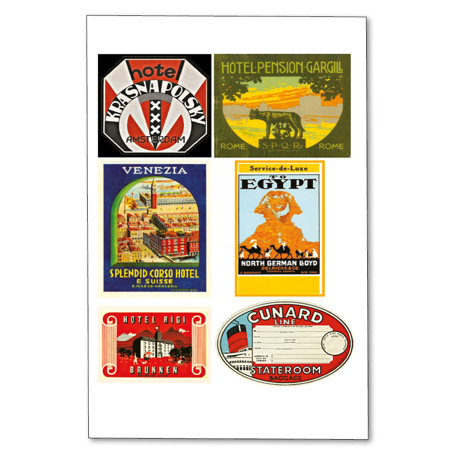 Vintage hotel luggage label stickers by Bubbadoodoo, perfect for suitcases or vintage trunks, featuring retro-inspired designs.