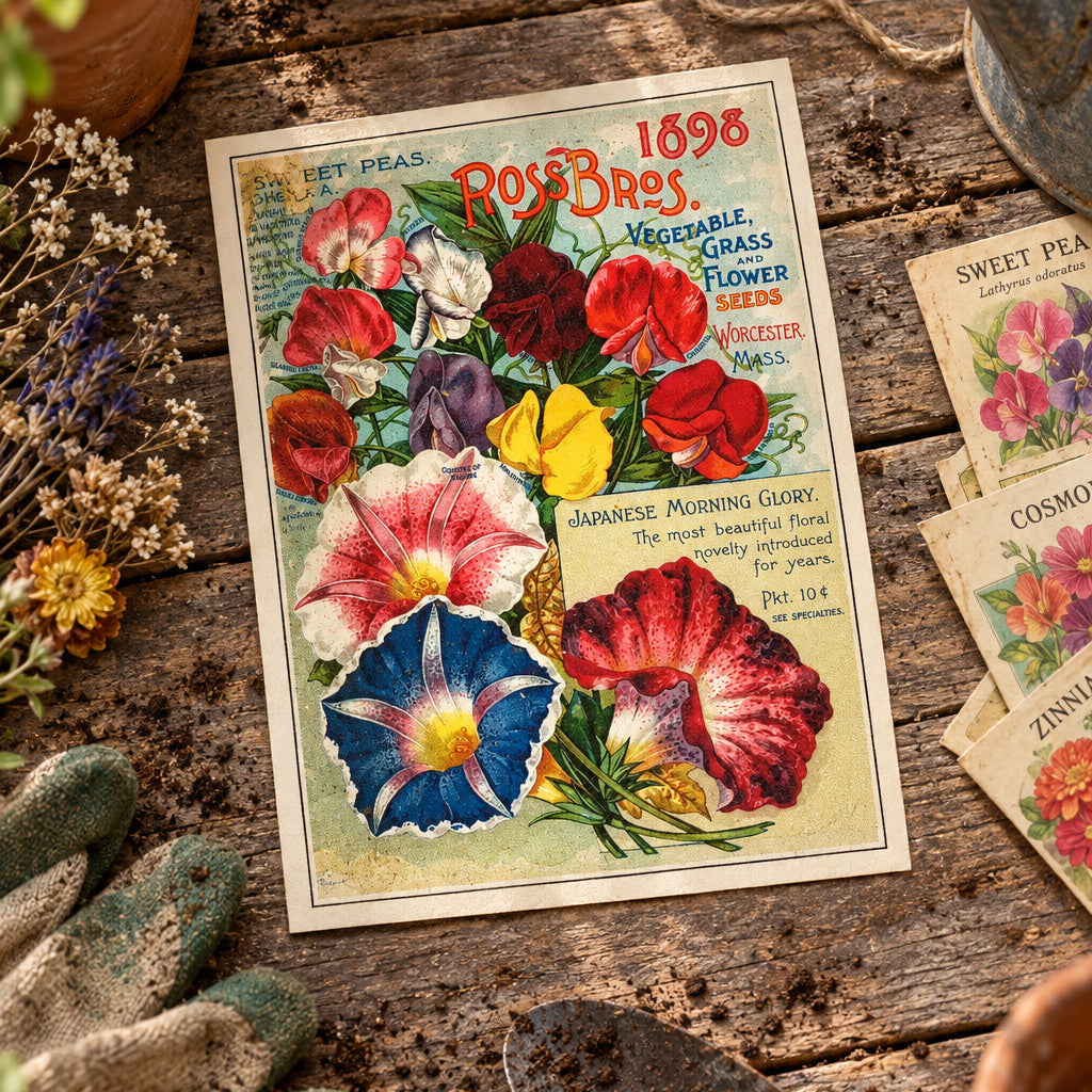 Vintage seed catalog poster for Ross Bros. 1898, featuring illustrated flowers including snapdragons and Japanese Morning Glory with text advertising vegetable, grass, and flower seeds.
