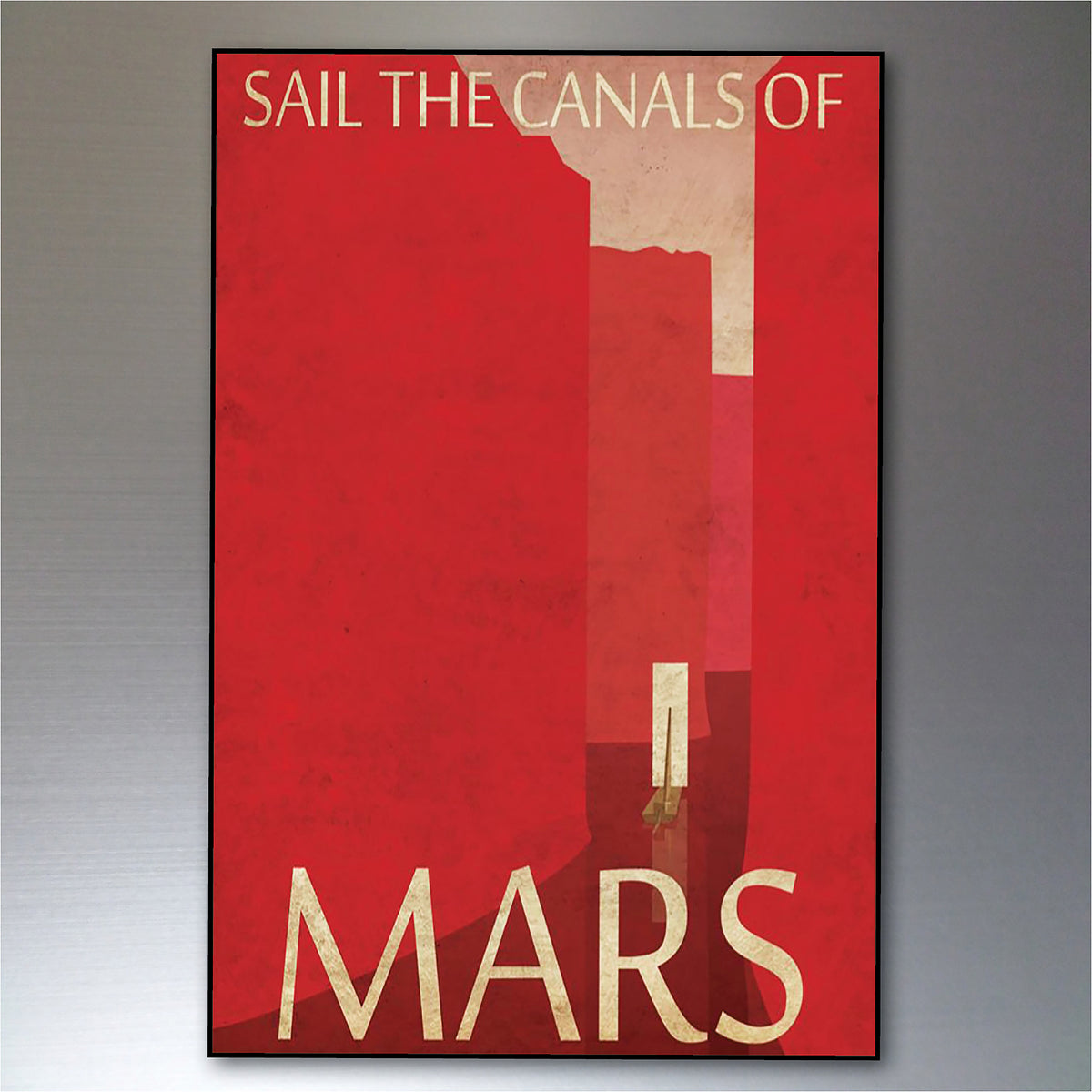 A framed travel-style poster with a bold red background and cream text reading 'SAIL THE CANALS OF MARS,' shown against a gray gradient backdrop.