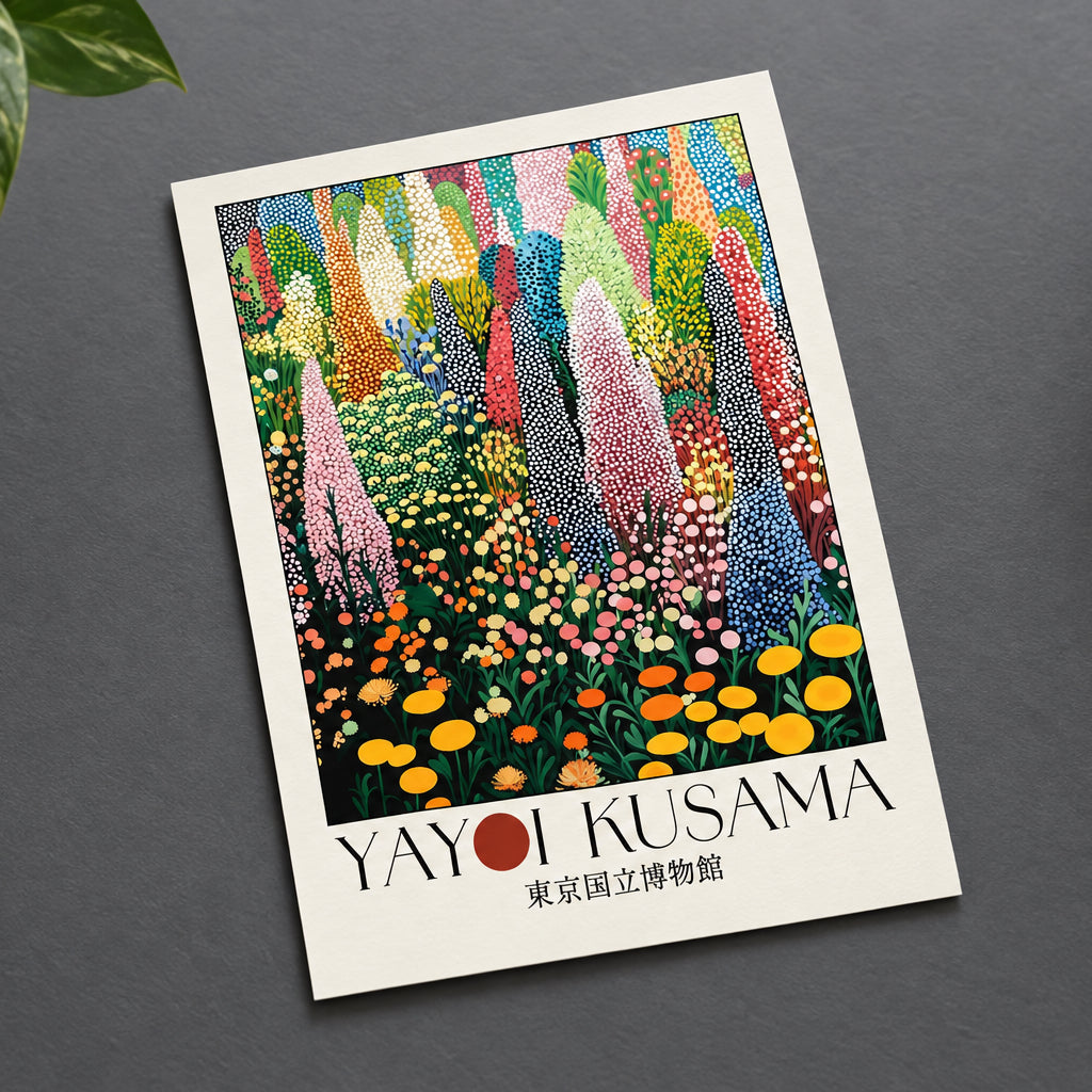 A colorful art print poster of Yayoi Kusama's floral dot pattern, featuring a dense field of multicolored flowers and tall dotted trees, with the text 'YAYOI KUSAMA' and '東京国立博物館' at the bottom.
