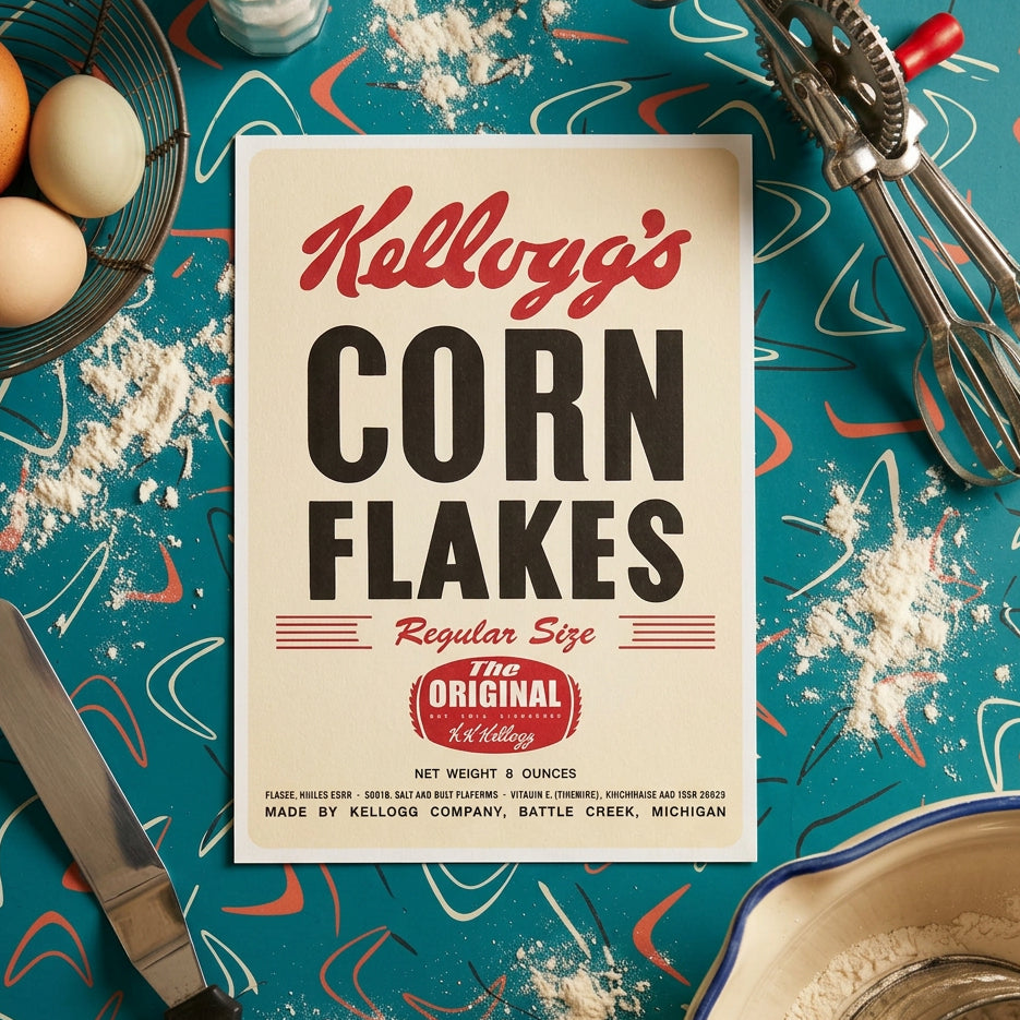 A vintage-style Kellogg's Corn Flakes box centered on a turquoise kitchen surface, surrounded by baking props including eggs, flour, a knife, a whisk, and a bowl. The box reads 'Kellogg's Corn Flakes' with red and black typography.