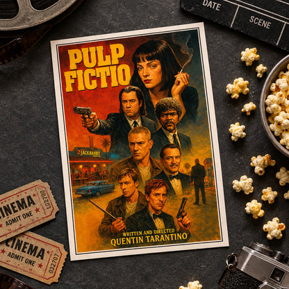 A stylized movie poster for Quentin Tarantino's film 'Pulp Fiction' featuring illustrated portraits of the main characters, a cigarette-smoking woman at the top, several men in suits and casual wear below, a blue car, a diner sign reading 'Jack Rabbit', and bold yellow title text.