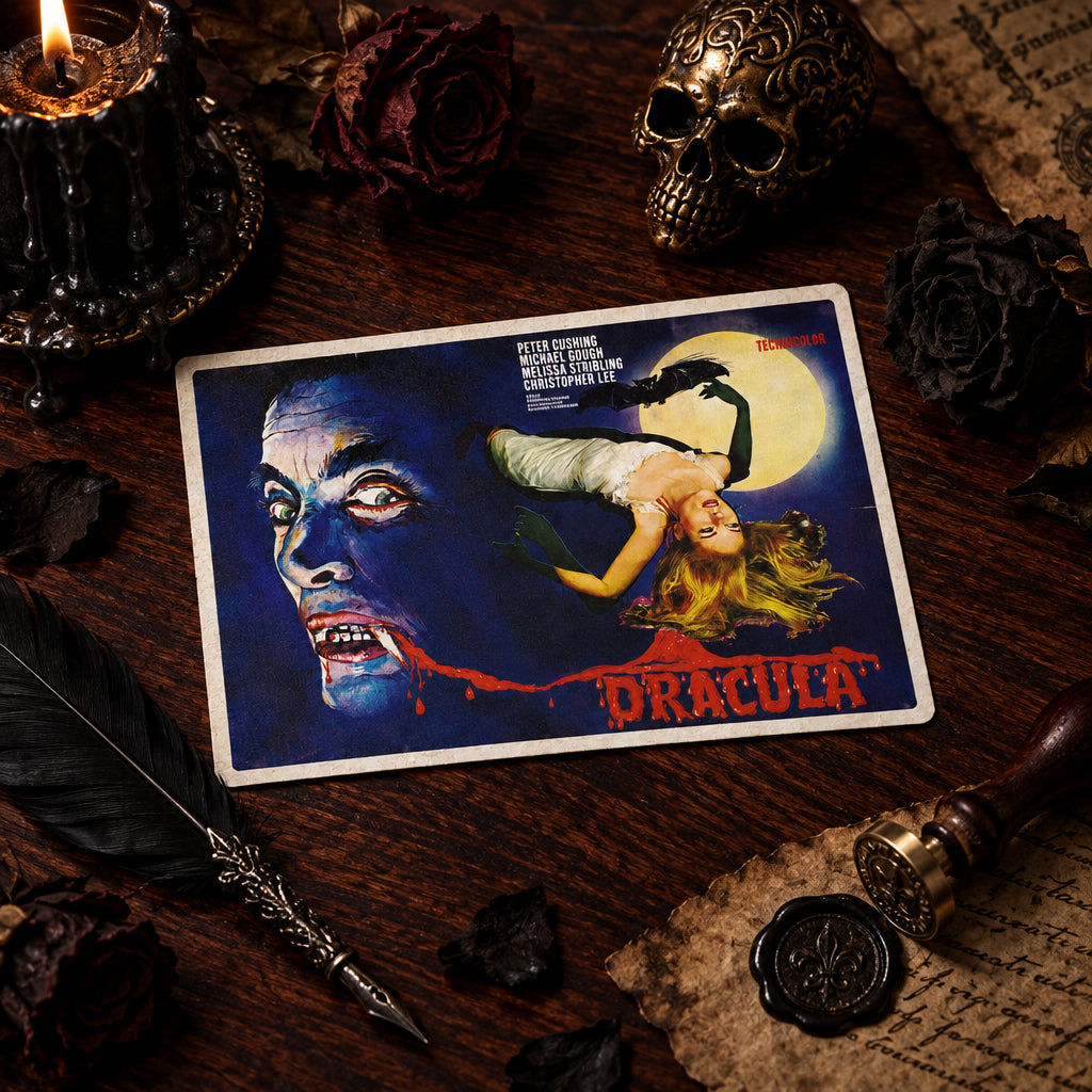 A rectangular poster or print featuring the classic Dracula artwork with a large blue-toned face, a woman floating upside down in front of a full moon, and the title 'DRACULA' in red at the bottom, shown against a plain white background.