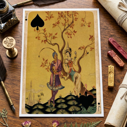 A single playing card featuring a stylized illustration of two figures under a tree with red leaves on a gold background, bordered by a beige edge. The card is centered against a smooth gray gradient backdrop.