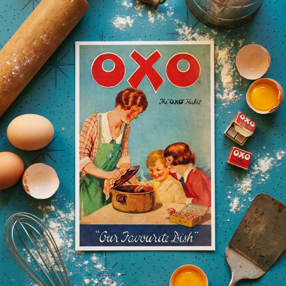 Vintage OXO advertising poster with a woman and two children around a pot, featuring large red OXO lettering and the text 'Our Favourite Dish'.