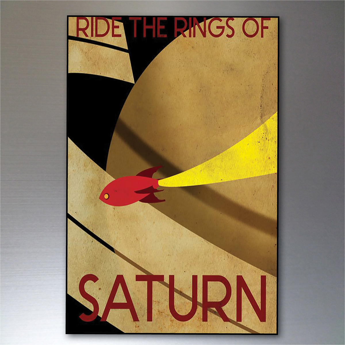 A retro-style poster print featuring a red fish swimming in a yellow beam against a textured beige and black background, with the text 'RIDE THE RINGS OF SATURN' in dark red at the top and bottom.