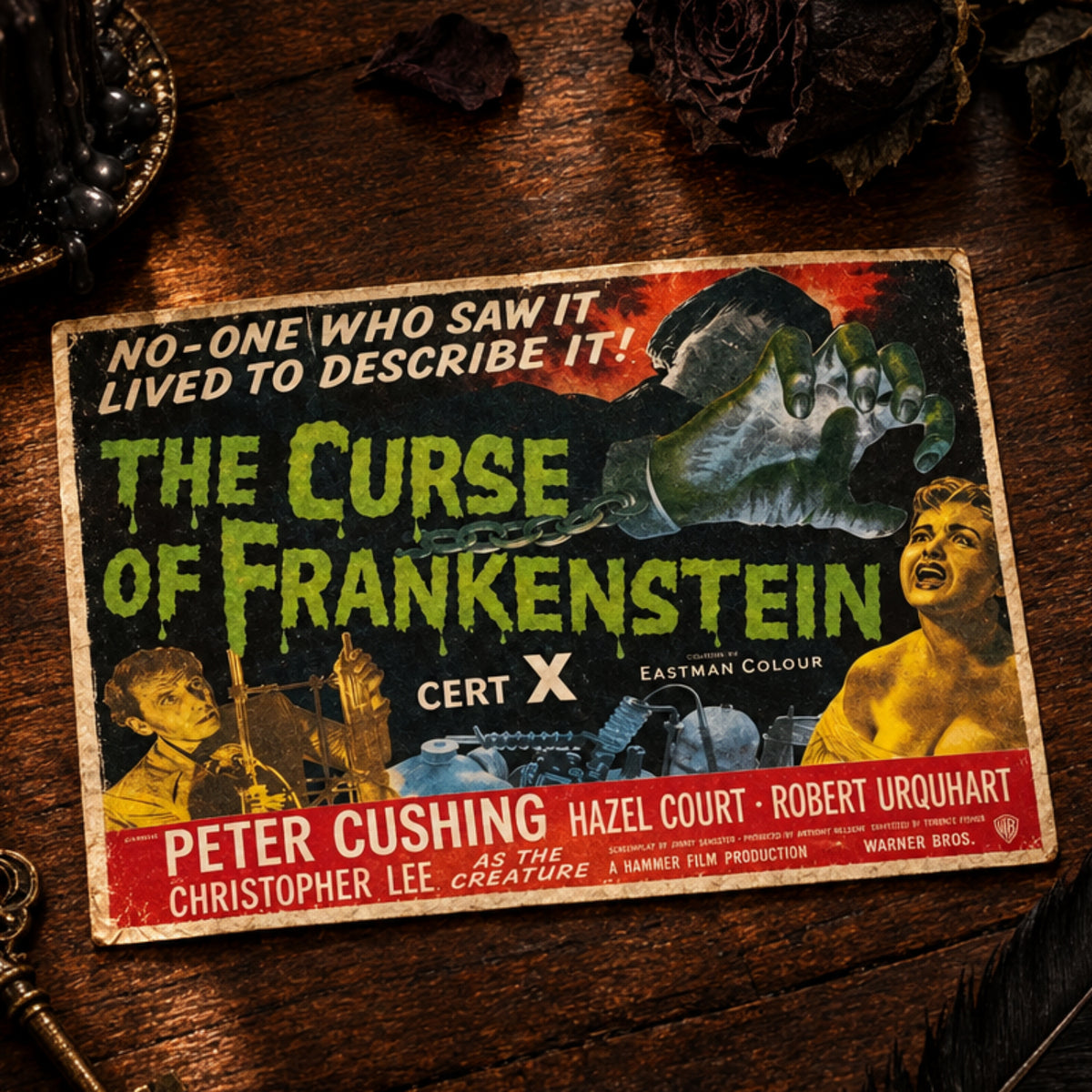 A vintage-style movie poster for 'The Curse of Frankenstein' with dramatic illustrated artwork, large green title text, and a red banner at the bottom listing cast names including Peter Cushing, Hazel Court, and Robert Urquhart.