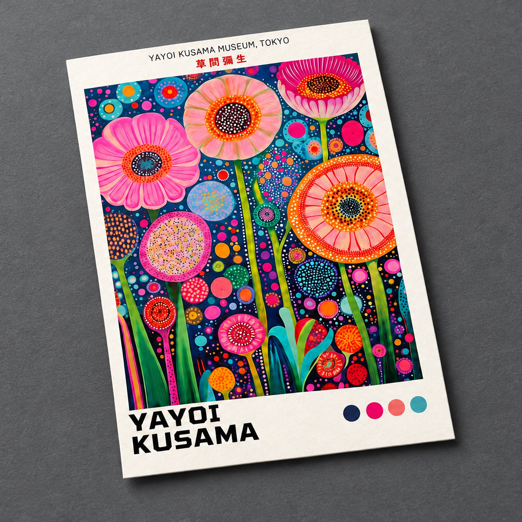 Yayoi Kusama Museum, Tokyo poster featuring a vibrant, colorful floral painting with pink, orange, and blue flowers on a dark background, with the text 'YAYOI KUSAMA MUSEUM, TOKYO' and 'YAYOI KUSAMA' at the bottom.