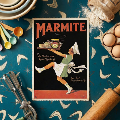 A vintage-style Marmite advertisement print featuring a chef carrying a tray of spreads, styled on a teal patterned surface with baking tools, eggs, flour, and bowls around it.