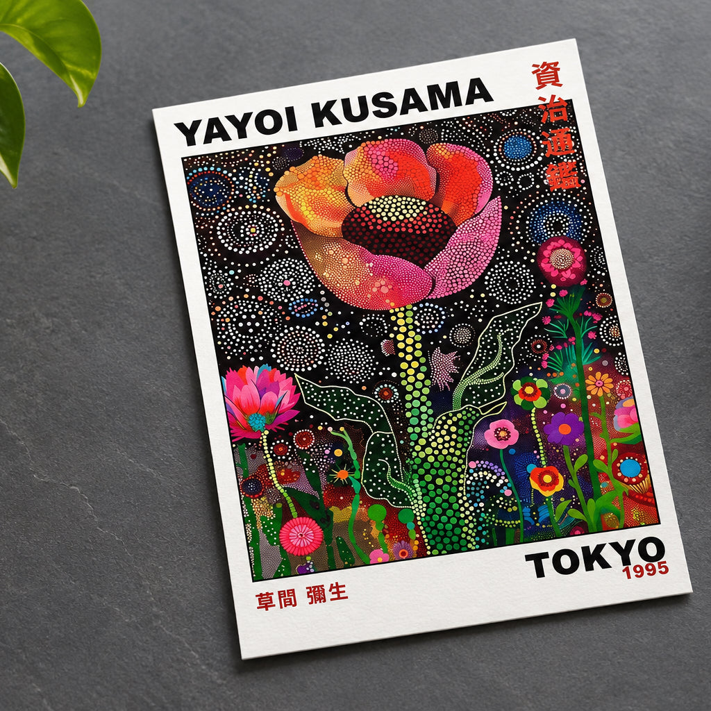 Yayoi Kusama poster print featuring a vibrant, dot-art style floral illustration with a large pink and orange flower on a black background, with the text 'YAYOI KUSAMA' at the top and 'TOKYO 1995' at the bottom.