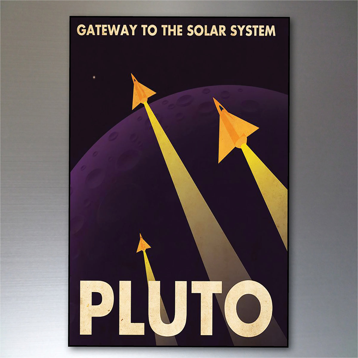 A retro-style space poster featuring three orange rockets launching from Pluto with beams of light, set against a dark purple background. The text reads 'GATEWAY TO THE SOLAR SYSTEM' at the top and 'PLUTO' in large letters at the bottom.