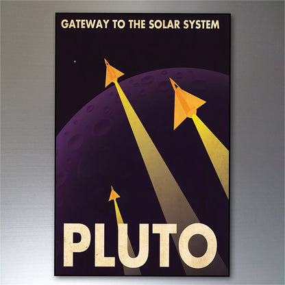 A retro-style space poster featuring three orange rockets launching from Pluto with beams of light, set against a dark purple background. The text reads 'GATEWAY TO THE SOLAR SYSTEM' at the top and 'PLUTO' in large letters at the bottom.