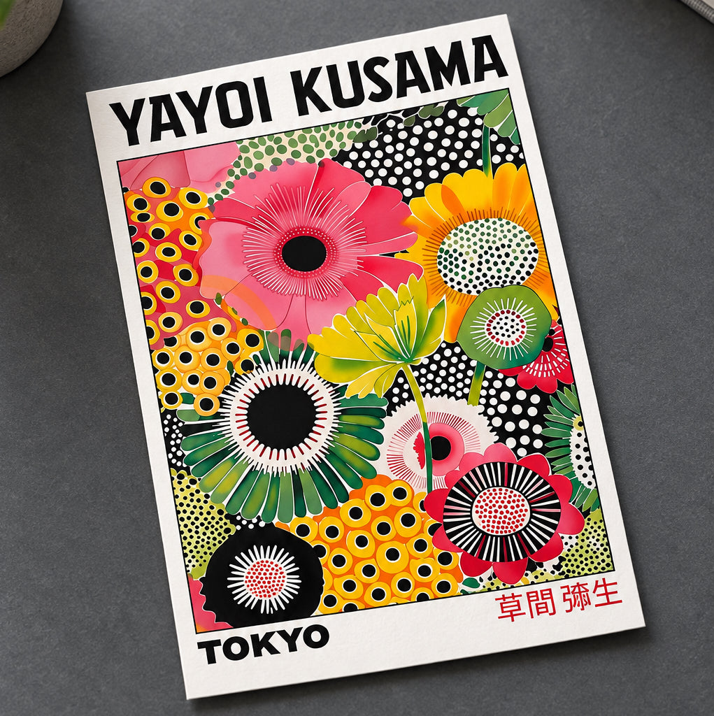 A colorful art print featuring a bold, patterned floral design with the text 'YAYOI KUSAMA' at the top and 'TOKYO' at the bottom, in black and red Japanese characters.