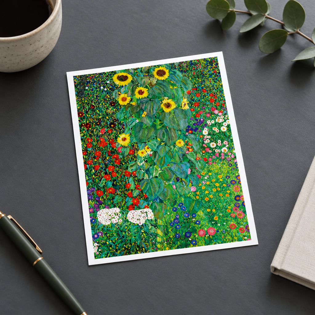 Impressionist-style floral painting featuring a central cluster of sunflowers with green leaves, surrounded by dense wildflowers in red, white, yellow, purple, and pink on a green ground.