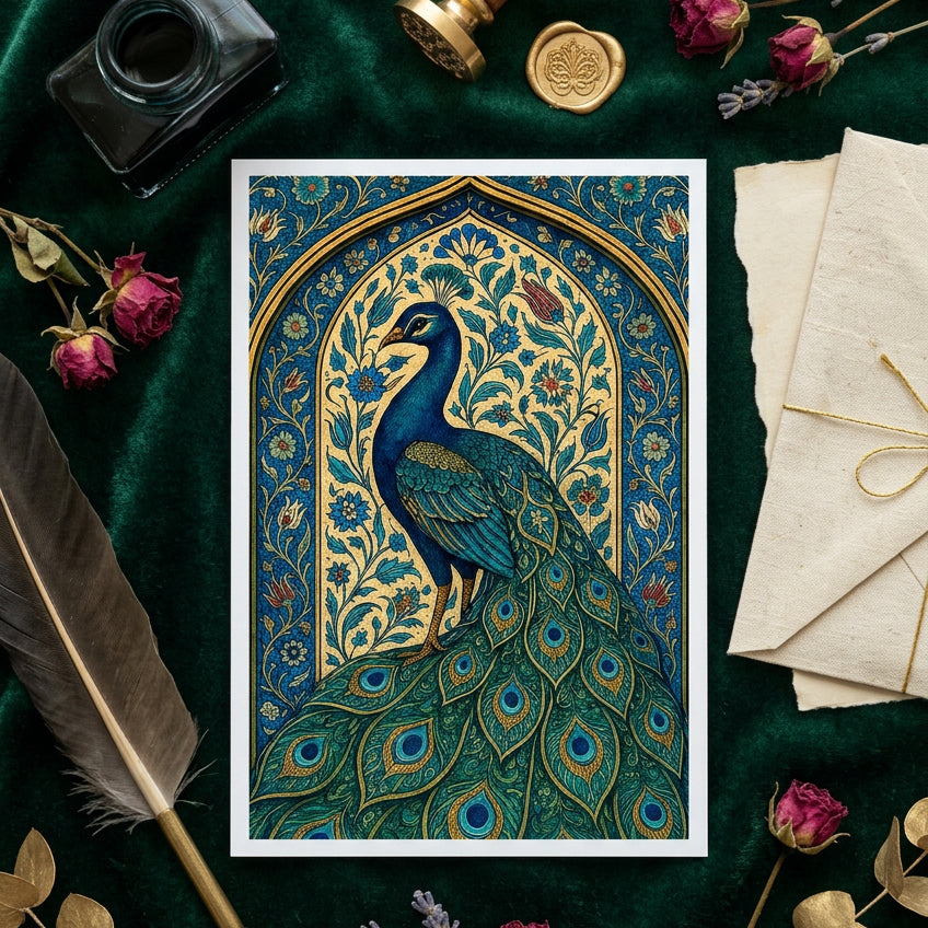 A decorative art print featuring a peacock with a long tail of blue and green peacock-feather motifs, set within an ornate arched frame filled with floral patterns in blue, gold, and cream.