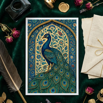 A decorative art print featuring a peacock with a long tail of blue and green peacock-feather motifs, set within an ornate arched frame filled with floral patterns in blue, gold, and cream.