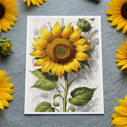 A large yellow sunflower with green leaves and stems, shown in a vintage botanical illustration style over a light gray floral background.