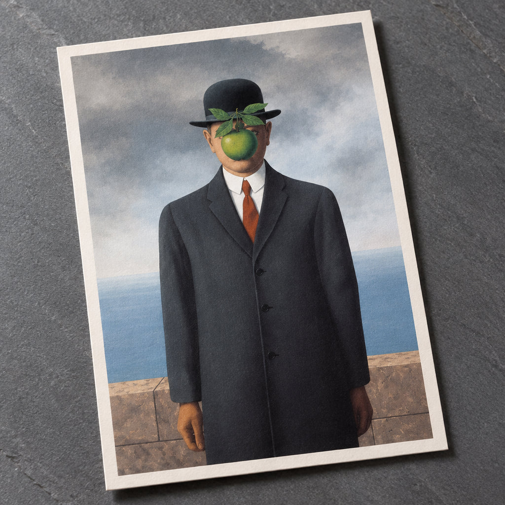 A surreal portrait of a man in a dark overcoat, white shirt, and orange tie, wearing a black bowler hat with green leaves and a green fruit over his eyes, set against a cloudy sky and stone wall.
