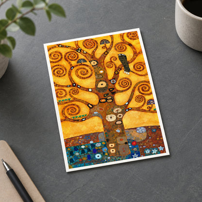 An abstract, highly decorative artwork featuring a stylized tree with swirling golden branches, circular motifs, and a dark bird perched on one branch. The composition is dense and painterly, with a multicolored lower section and a dominant warm gold/yellow palette.