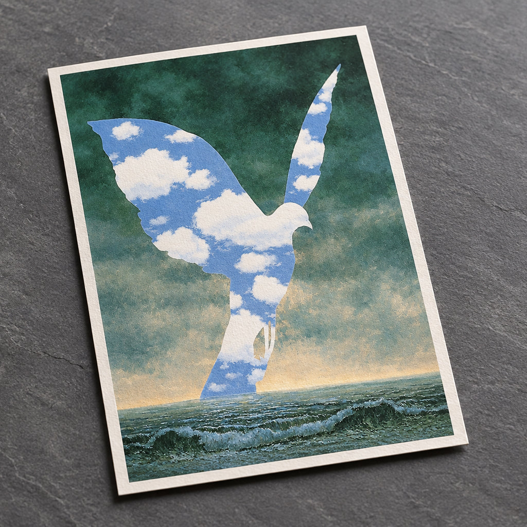 A surreal artwork showing a large bird silhouette in flight over an ocean, filled with blue sky and white clouds, against a dark green and gray sky.