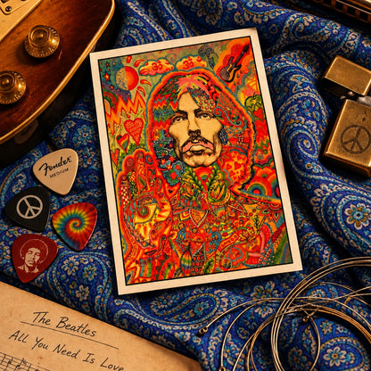 A vibrant psychedelic art print featuring a stylized portrait of george harrison with intricate floral, paisley, and cosmic patterns in bright red, orange, green, yellow, and blue.