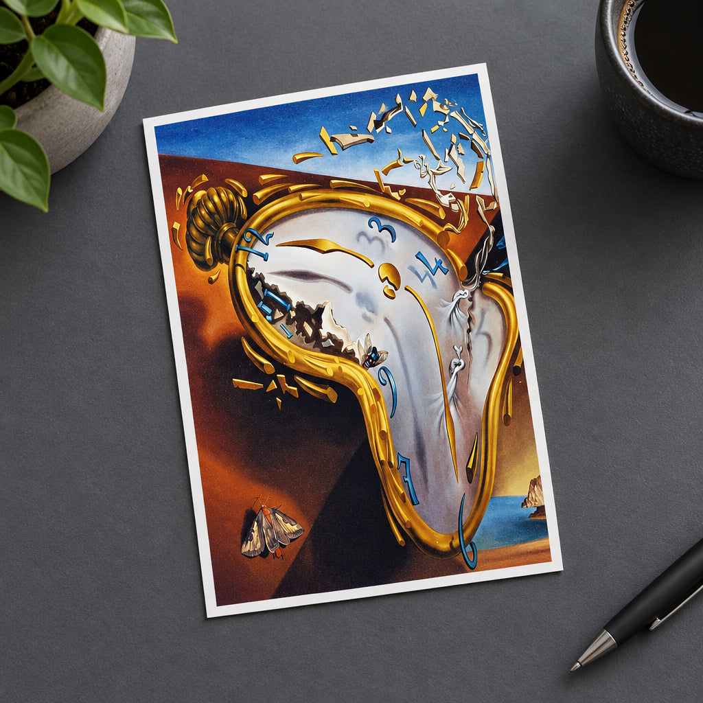 A surreal artwork depicting a melting gold clock face with blue numbers, butterflies, and a blue sky in the background, rendered in warm brown, gold, white, and blue tones.