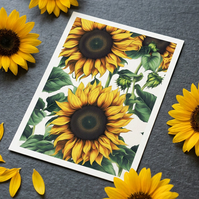 A close-up botanical illustration of sunflowers with large yellow petals, dark brown seed centers, and green leaves on a white background.