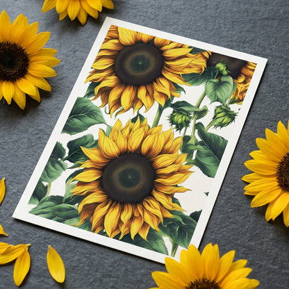 A close-up botanical illustration of sunflowers with large yellow petals, dark brown seed centers, and green leaves on a white background.